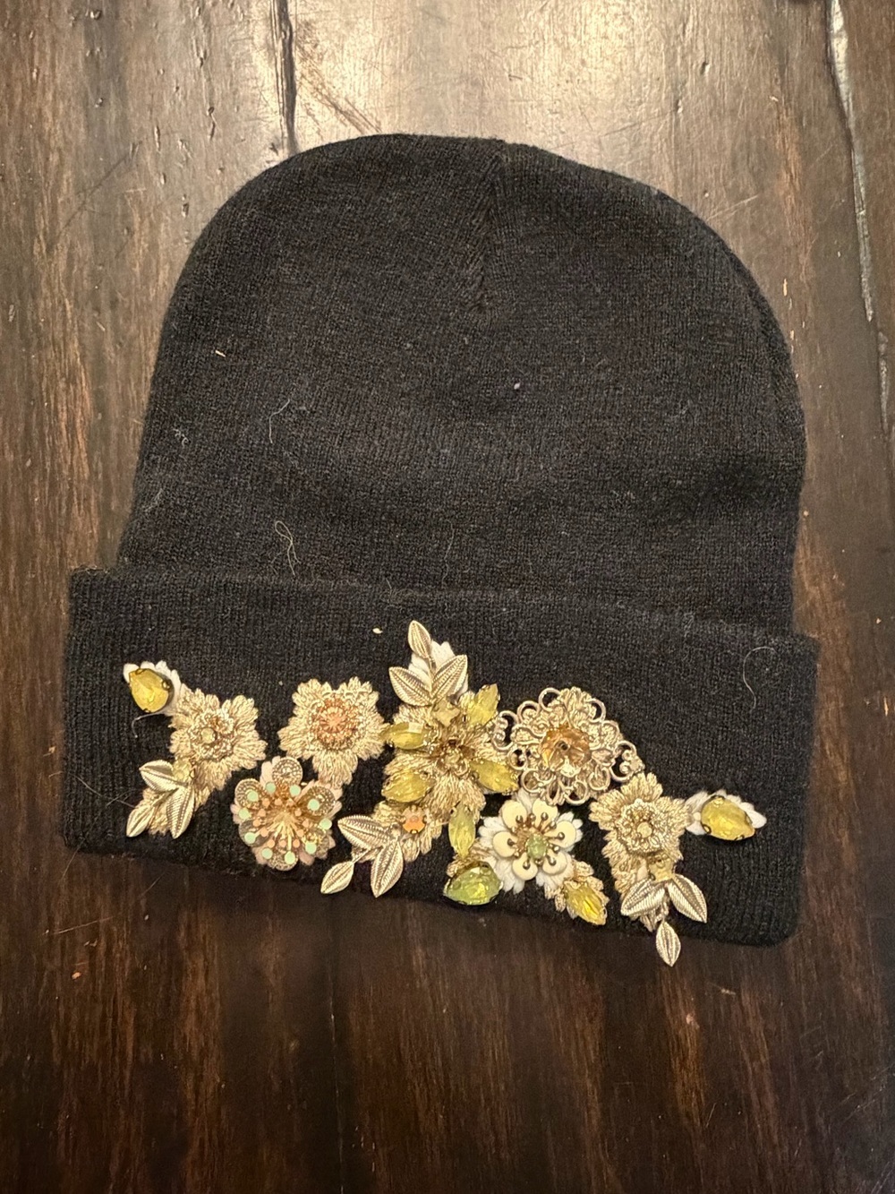 Black Beanie Hat with Gold Floral Embellishments